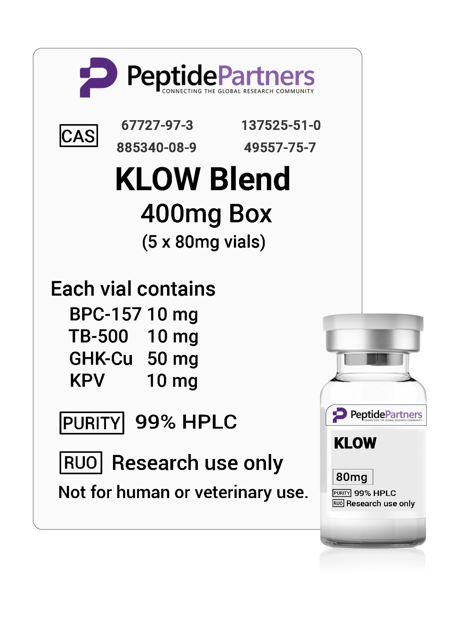 KLOW Blend: BPC-157/TB-500/GHK-Cu/KPV (5 x 80mg vials)